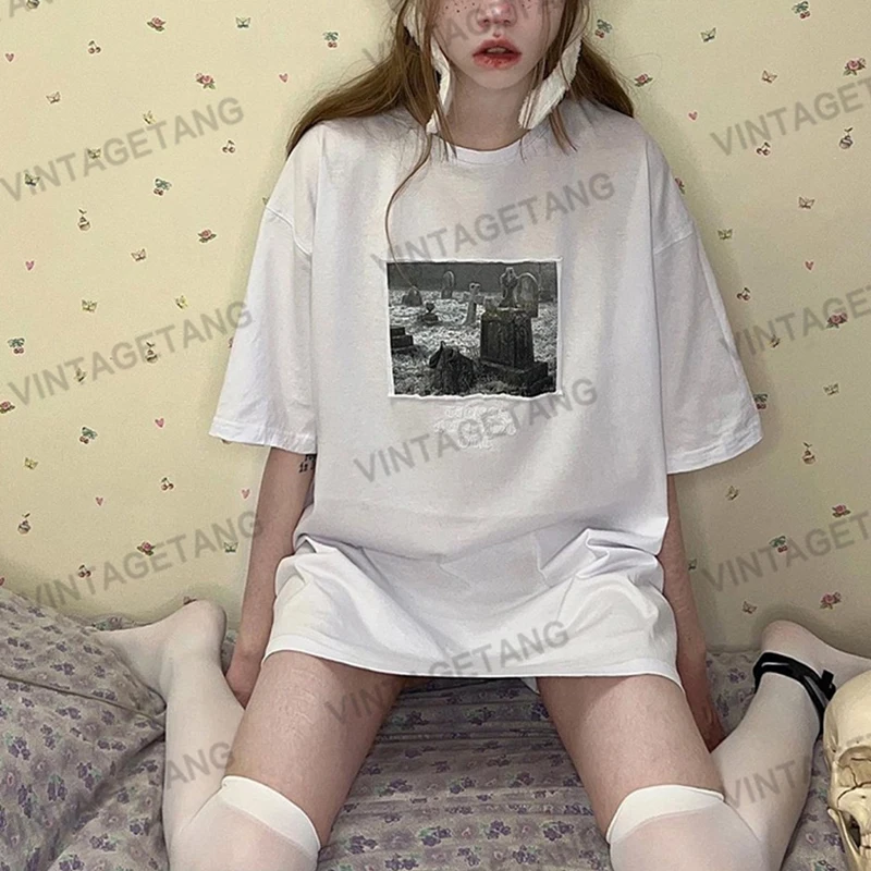 

2023 Y2K summer new American retro women with T-shirt white patch embroidery street style loose short-sleeved T-shirt