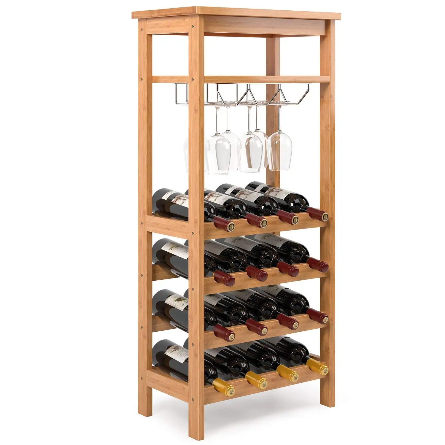 

Homfa Bamboo Wine Rack Wine Holder Wine Storage Display Shelves with Glass Holder