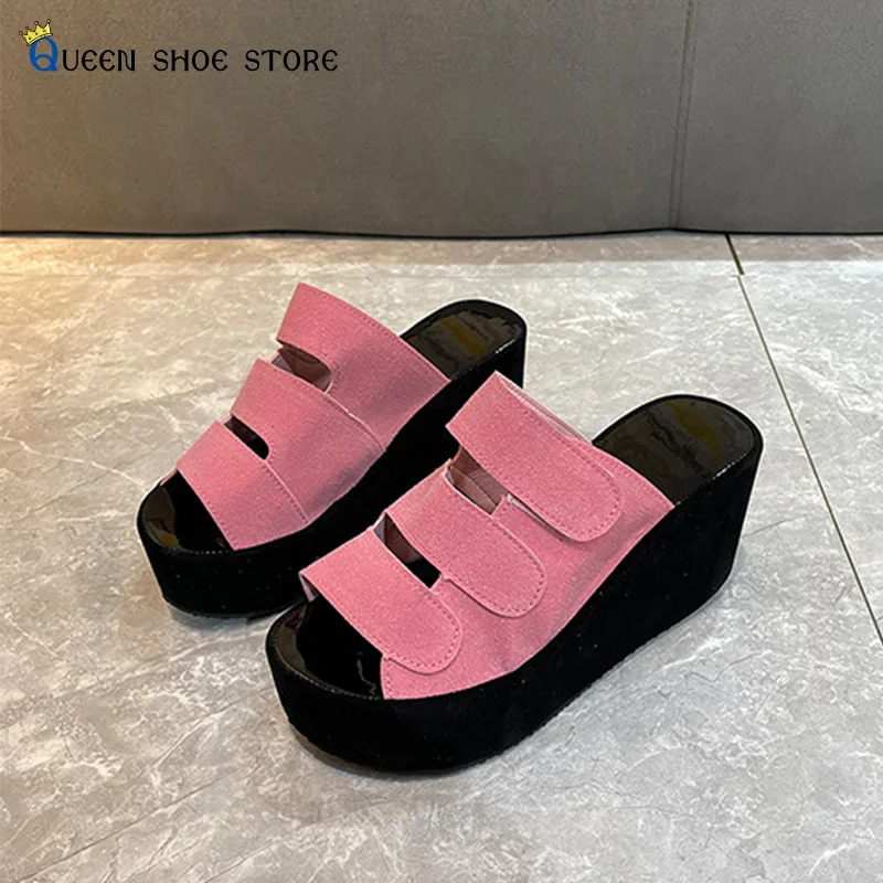 Slippers Women 2022 Summer Large Size European And American Suede Round Toe Slides Thick Sole Wedge Heel Heightening Sandals