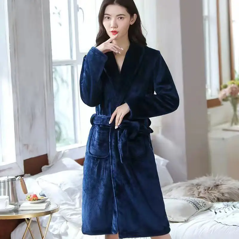 Coral Velvet Bathrobe Women Warm Soft Couple Robes Flannel Kimono Nightdress Dressing Gowns Sleepwear Long Sleeve Loungewear