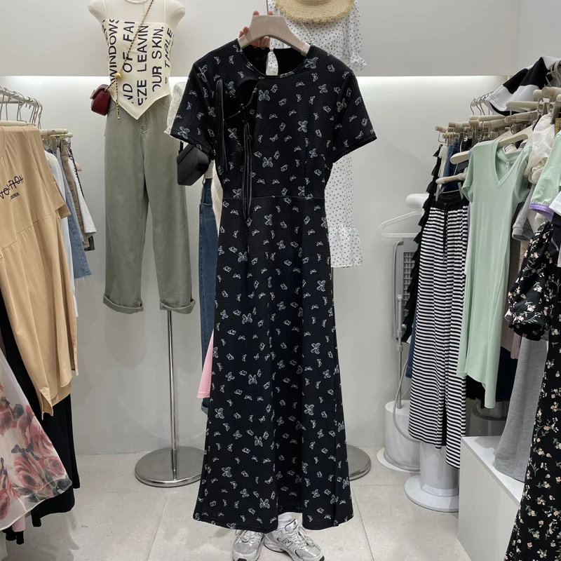 

2022 Summer Women Short Sleeve A Line Dress Oriental Style Sweet Vintage Korean Hollow Out Long Maxi Dress Classic Cheongsam