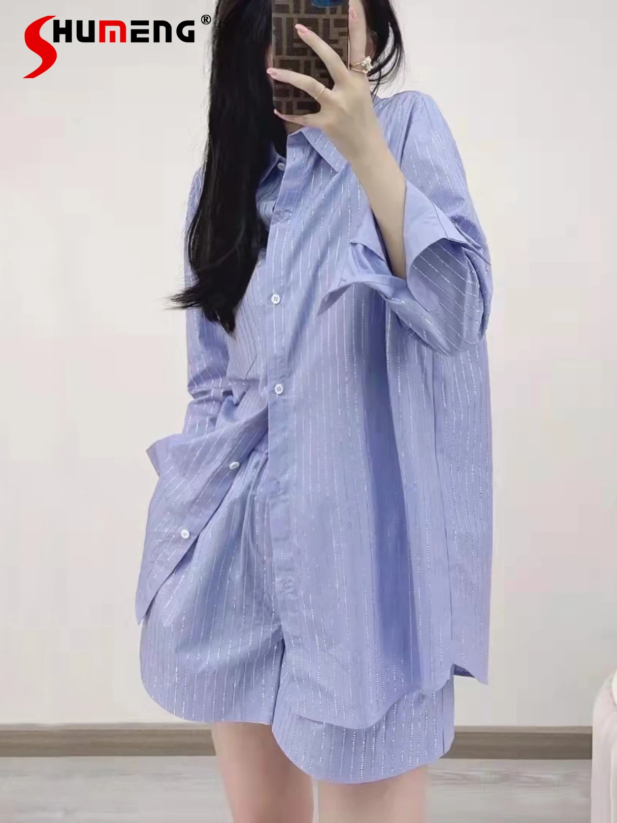 

Long Sleeve Mid-Length Top Heavy-Duty Striped Rhinestone Shirt Shorts Suit Women's 2022 Summer New Fashion Loose Two Piece Set