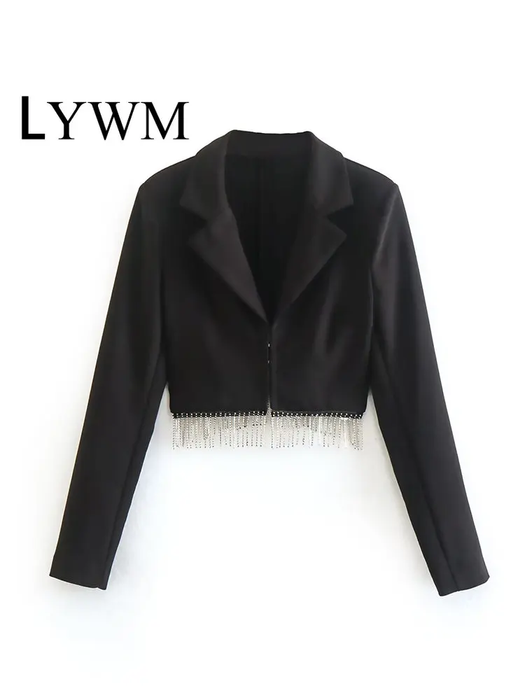 

LYWM Women Fashion With Beading Solid Hidden Breasted Cropped Blazer Vintage Notched Neck Long Sleeve Female Chic Lady Coat