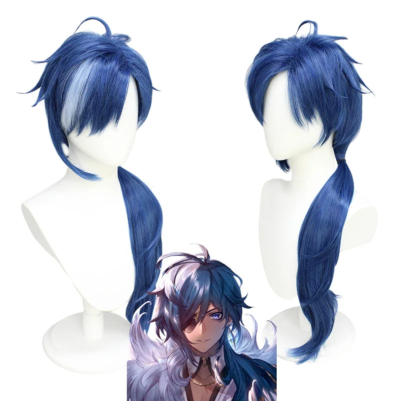 

Genshin Impact Kaeya Cosplay Men 80cm Long Ink-blue Wig Anime Cosplay Halloween Costume Party Synthetic Wig + Wig Cap