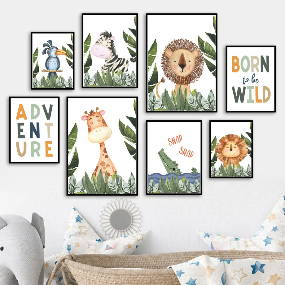 

Jungle Animal Giraffe Lion Zebra Crocodile Monkey Wall Art Print Canvas Painting Nordic Poster Wall Picture Baby Kids Room Decor