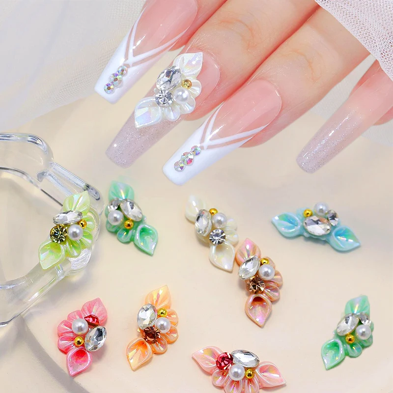 

3D Stereoscopic Petal Nail Charms Carved Flowers Acrylic Nail Jewelry Nail Art Decoration With Pearl Rhinestones Nail Supplies