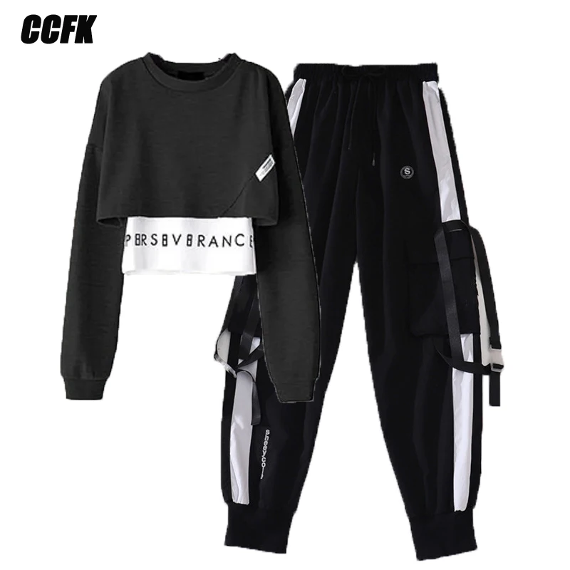 

Egirl Cargo Suit Alt Clothes Women Hiphop Emo Pants T-shirts Set Techwear Joggers Top Trousers Cyber Y2K Black Fall Sweatpants