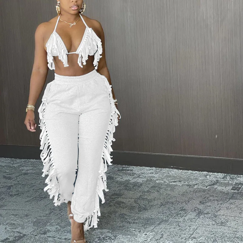 

Spring and Summer Women's Halter Backless 2-piece Solid Color Fashion Sexy Casual Tassel