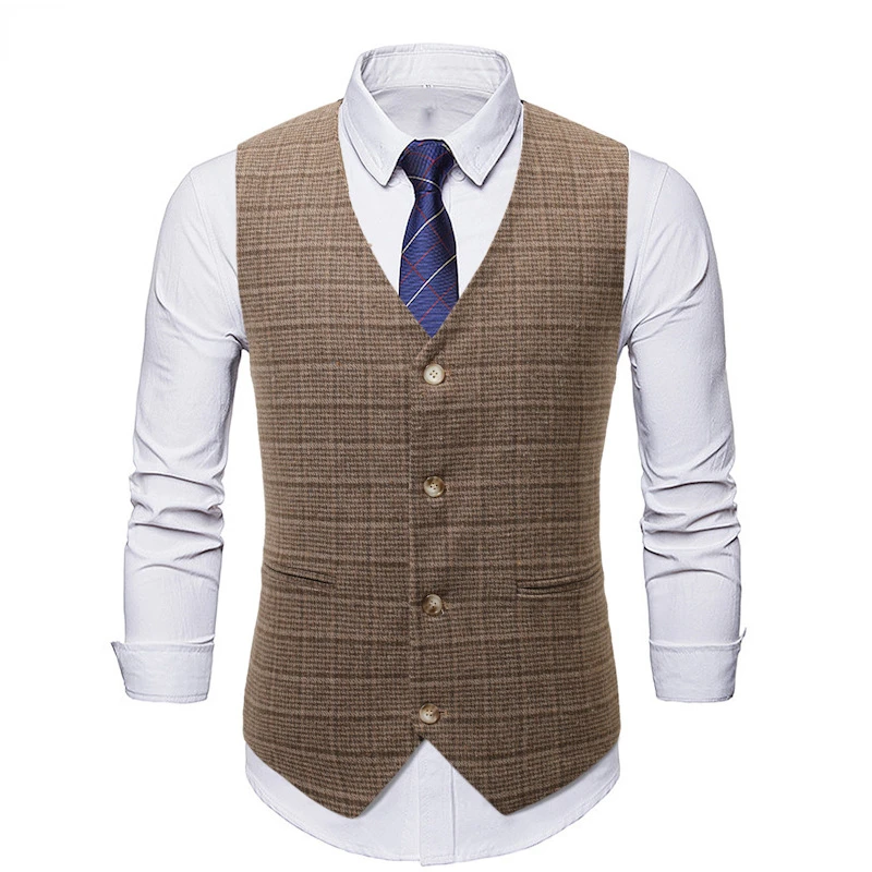 

Men's Vintage Plaid Check Vests 2022 Brand New Slim Fit V Neck Suit Vest Men British Formal Business