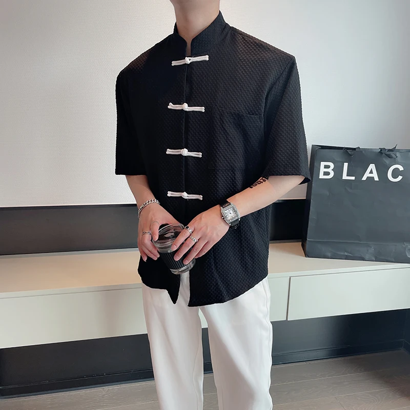 Chinese Style Buckle Shirts for Men 2022 Summer Short Sleeve Stand Collar Loose Shirt Casual  Social Oversized Tops Men Clothing