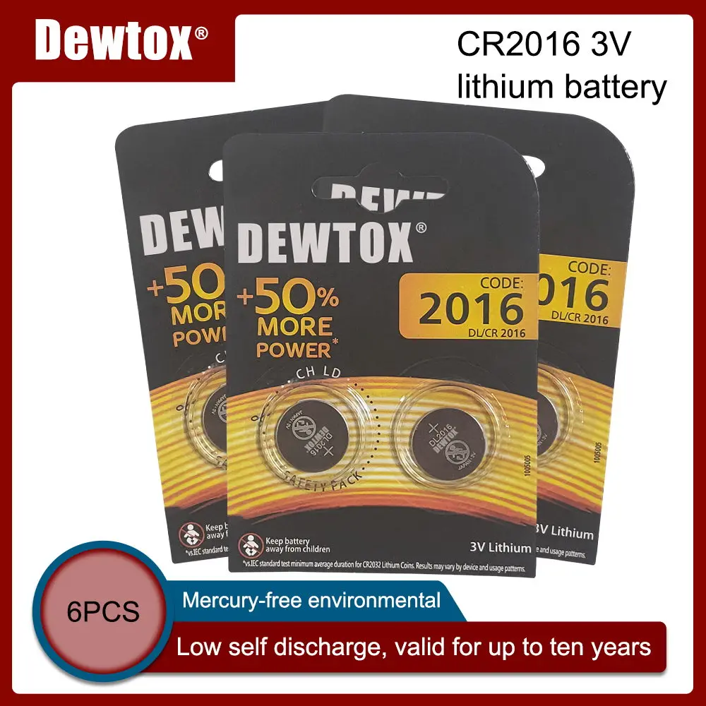 

6 шт., Литиевые Батарейки для часов DEWTOX CR2016, 3 в