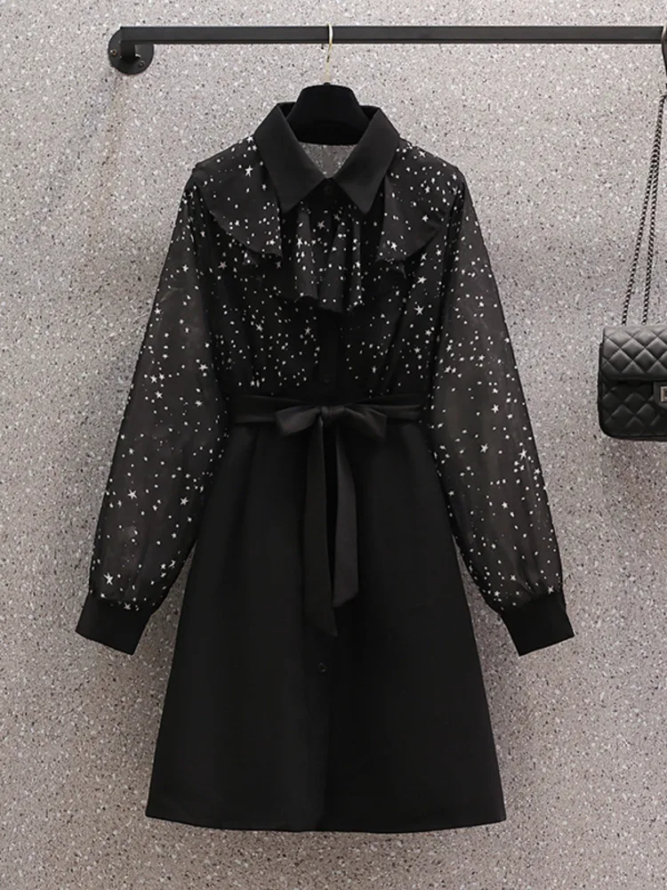 

Женское офисное элегантное платье размера плюс, черные платья с длинным рукавом и высокой талией, Корейская повседневная одежда 4XL, праздничное платье