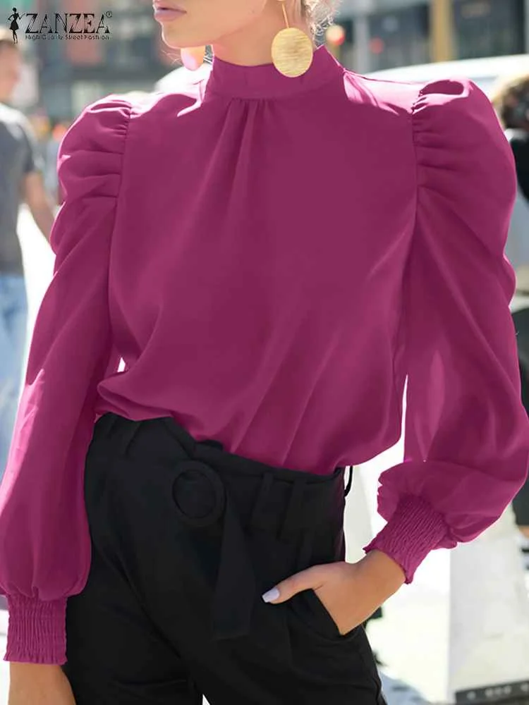 

2023 ZANZEA Spring Elegant Women Blouse Puff Sleeve Casual Turtleneck Bow Tie Solid Top Fashion Blusas Tunic Office Work Tops