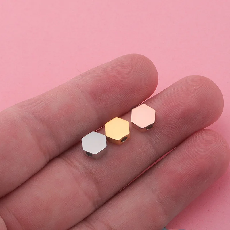 

Stainless Steel Hexagon Bead Charm Blank For Engrave Metal Hexagon Side Beads For Jewelry Making Mirror Polished 30pcs