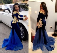 saudi arabic long sleeve evening dress nave blue gold appliques mermaid prom dresses off the shoulder african special occasion