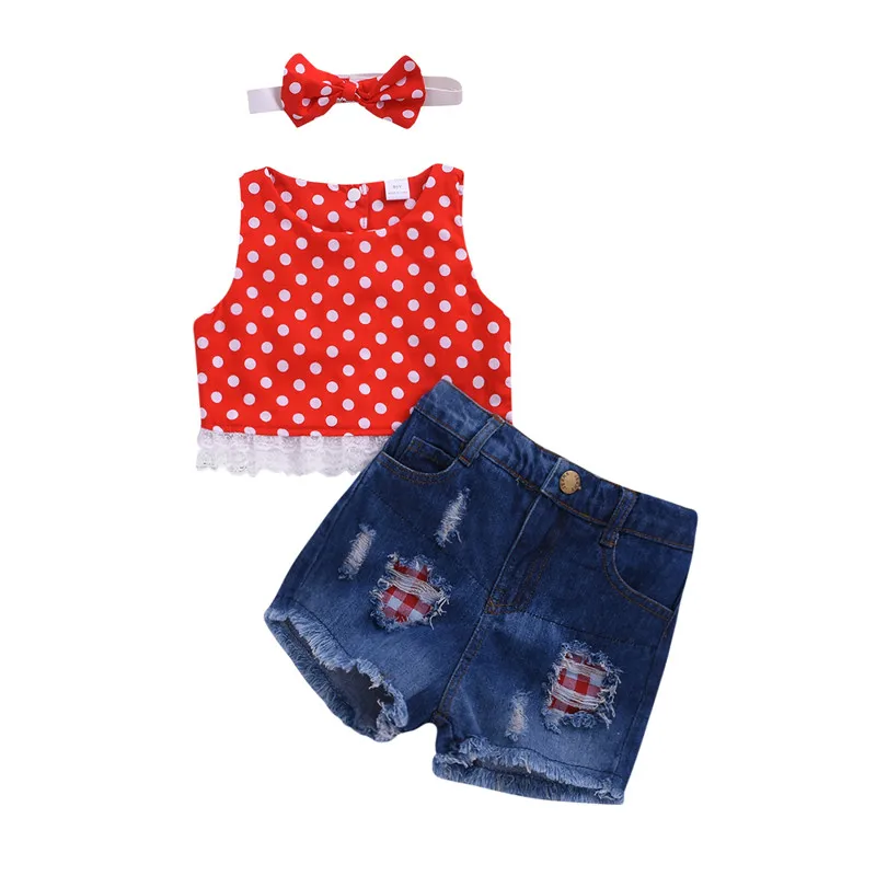 

Three Piece Girl’s Clothes Fashion Polka Dot Sleeveless Tops and Ripped Denim Short Pants with Headband