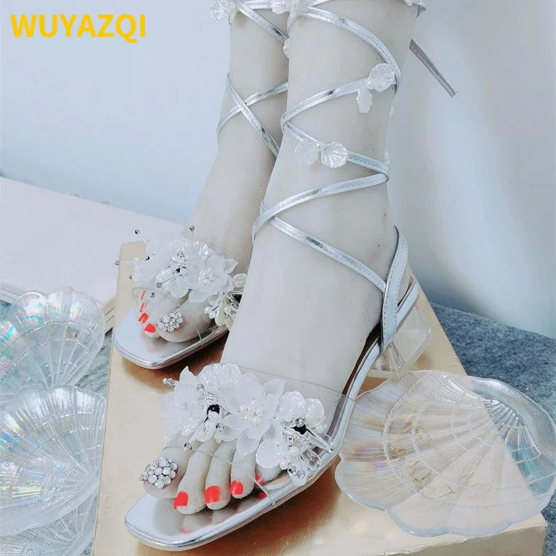 

WUYAZQI Bohemian fashion women's sandals flower pearl fashion women's shoes thick heels wedding shoes banquet high heels Q8