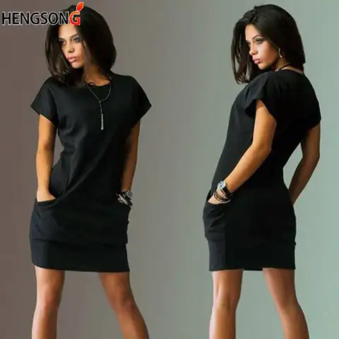Women Pocket Female Dress Summer Tshirt Dress Short Sleeve O Neck Sundress Mini Dress Office Lady Work Dress Feminino Vestidos