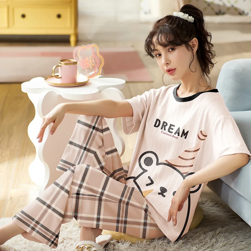 

Summer Pajamas Sets Women Short Sleepwear Korean Version Casual Cotton Short-sleeved Trousers Sweet Cartoon Thin Home Clothes