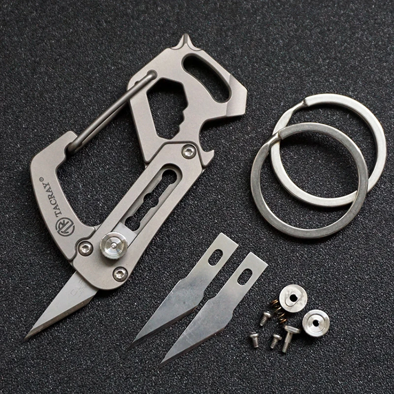 TACRAY Титановый многофункциональный брелок для ключей, универсальный нож, карабин, зажим EDC, режущий инструмент для кемпинга на открытом воздухе с отверткой, штопор