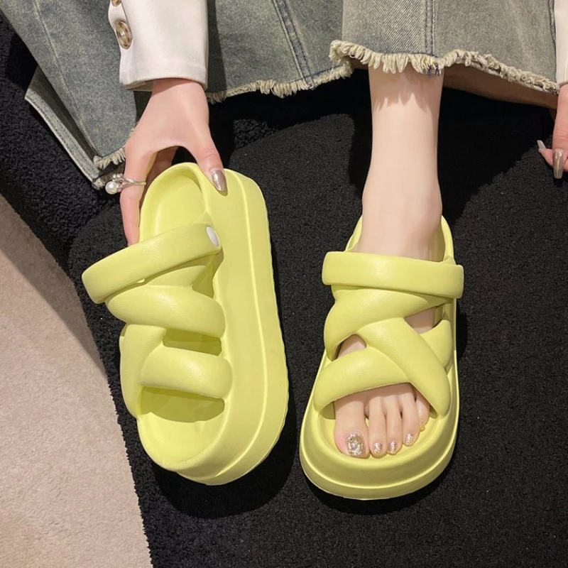 Summer New EVA Thick Sole Heightened Women's Sandals with Simple Crossover and Thick Sole Solid Color Two Wear Casual Sandals