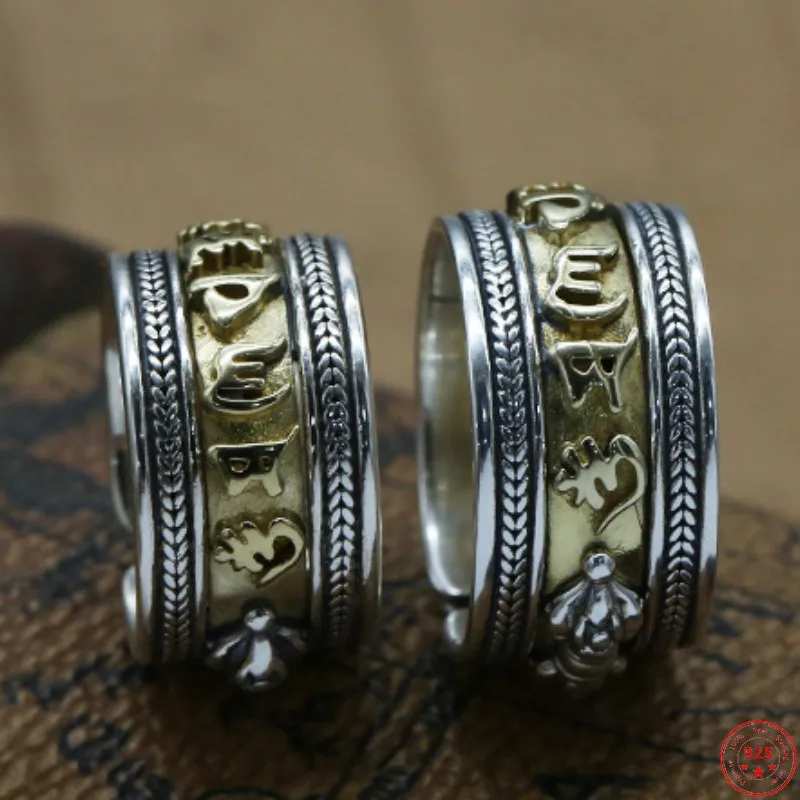 

S925 Sterling Silver Rings for Men Women Genuine New Fashion Buddhist Six Syllable Mantra Vajra Vintage Adjustable Jewelry