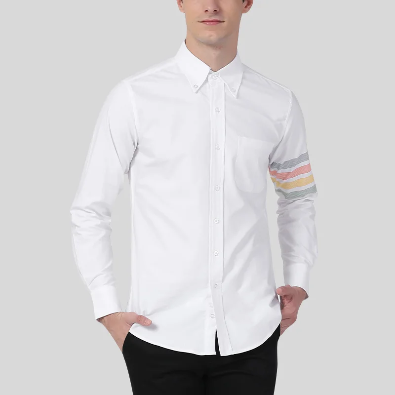 TB THOM Men's Shirt Fashion Top Brand Multicolor 4-Bar Stripes Casual Oxford Fabric Slim Long Sleeve High Quality Women's Shirts
