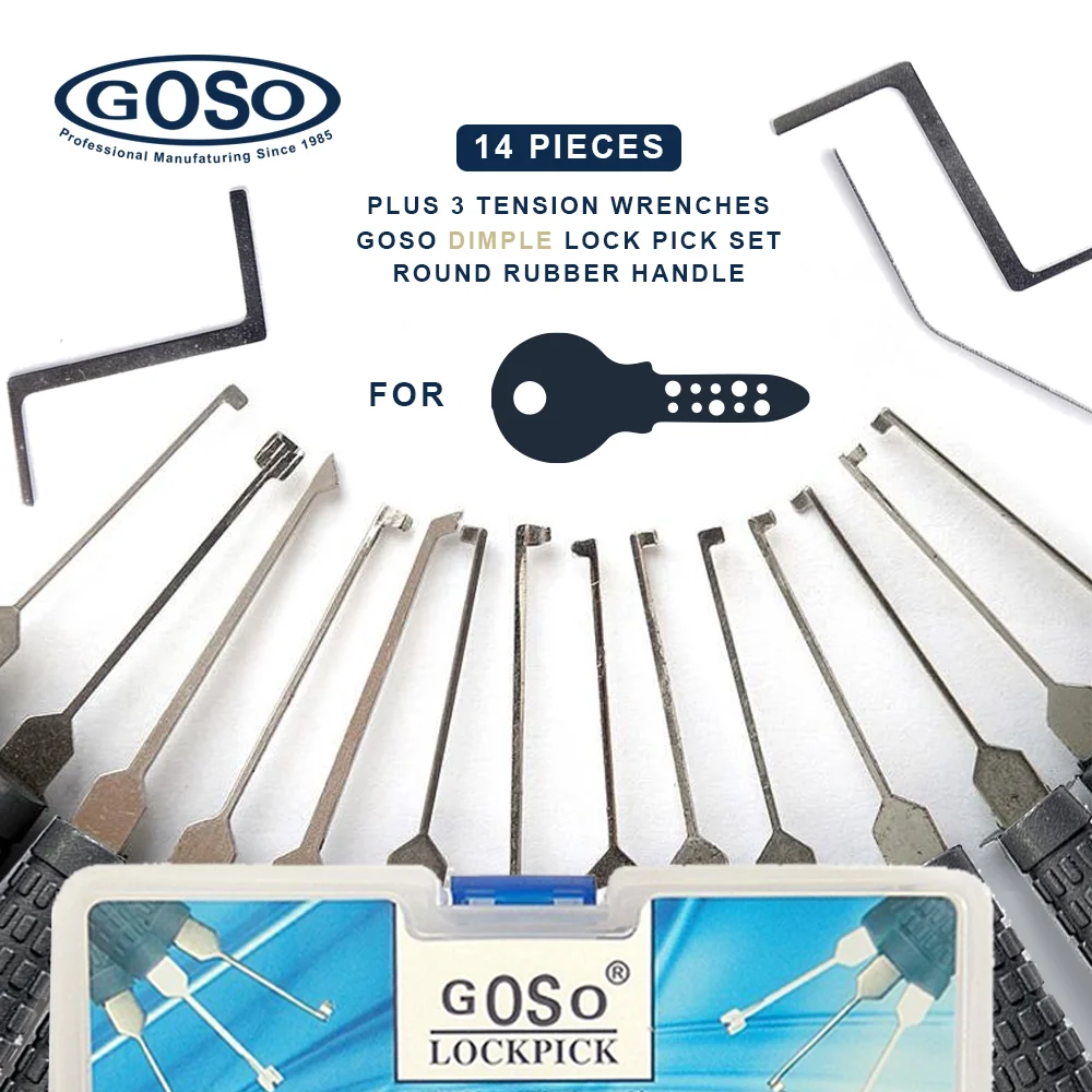 

GOSO 14 Pieces Dimple Lock Pick Set Round Rubber Handle With Plastic Box Case Pick Tension Wrenches For Newbie Locksmith