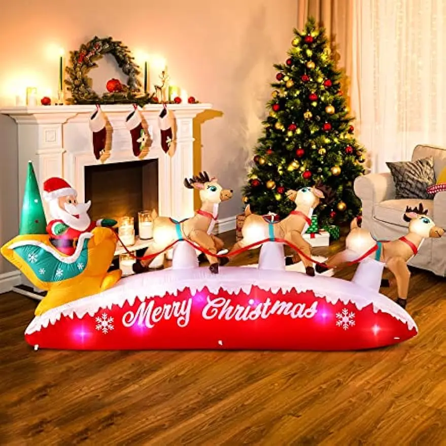 

10FT Long Christmas Inflatables Santa Claus with Reindeer Sleigh Outdoor Decorations, Build-in Rotating Colorful LEDs Santa Blow