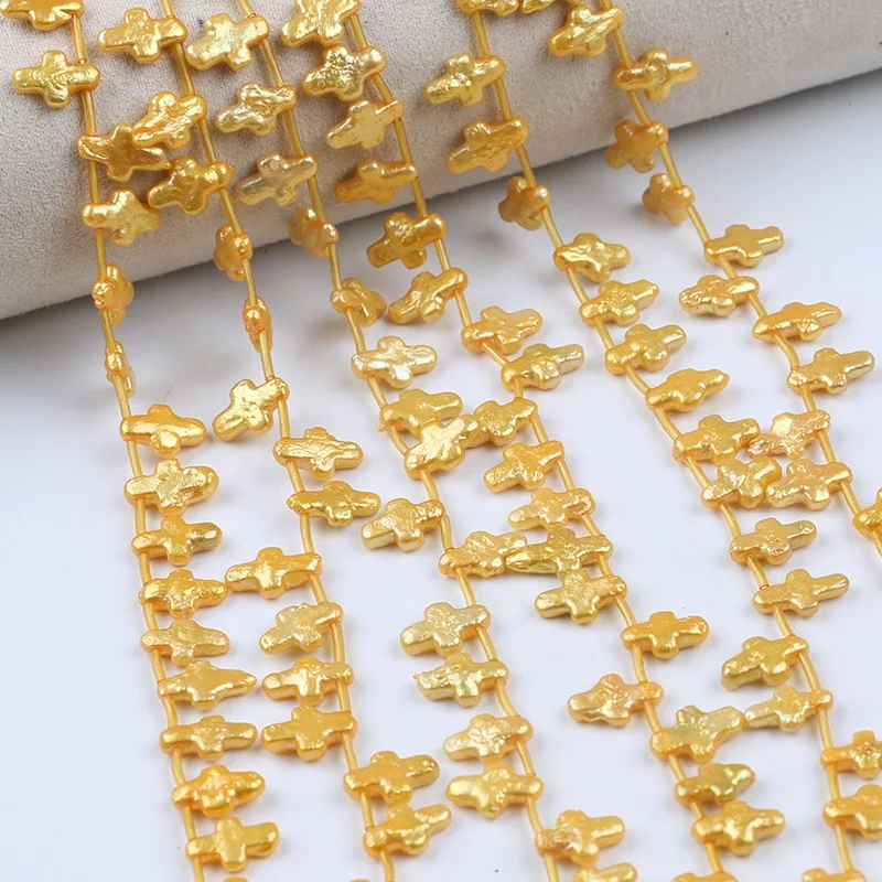 9-10mm dyed yellow color irregular cross shape freshwater loose baroque pearl strand top drilled Diy jewelry