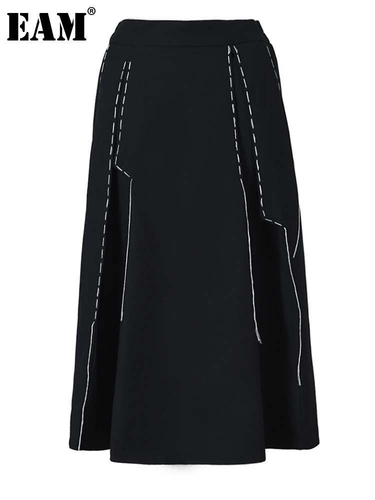 

[EAM] High Elastic Waist Black IrregularTopstitched A-line Half-body Skirt Women Fashion Tide New Spring Autumn 2023 1DF107301