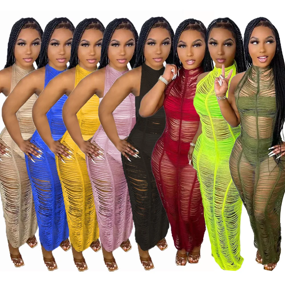 

Summer Sexy Solid Knitting Beach Women Dresses 2022 Newest Hollow Out See Through Backless Holidays Casual Long Dress