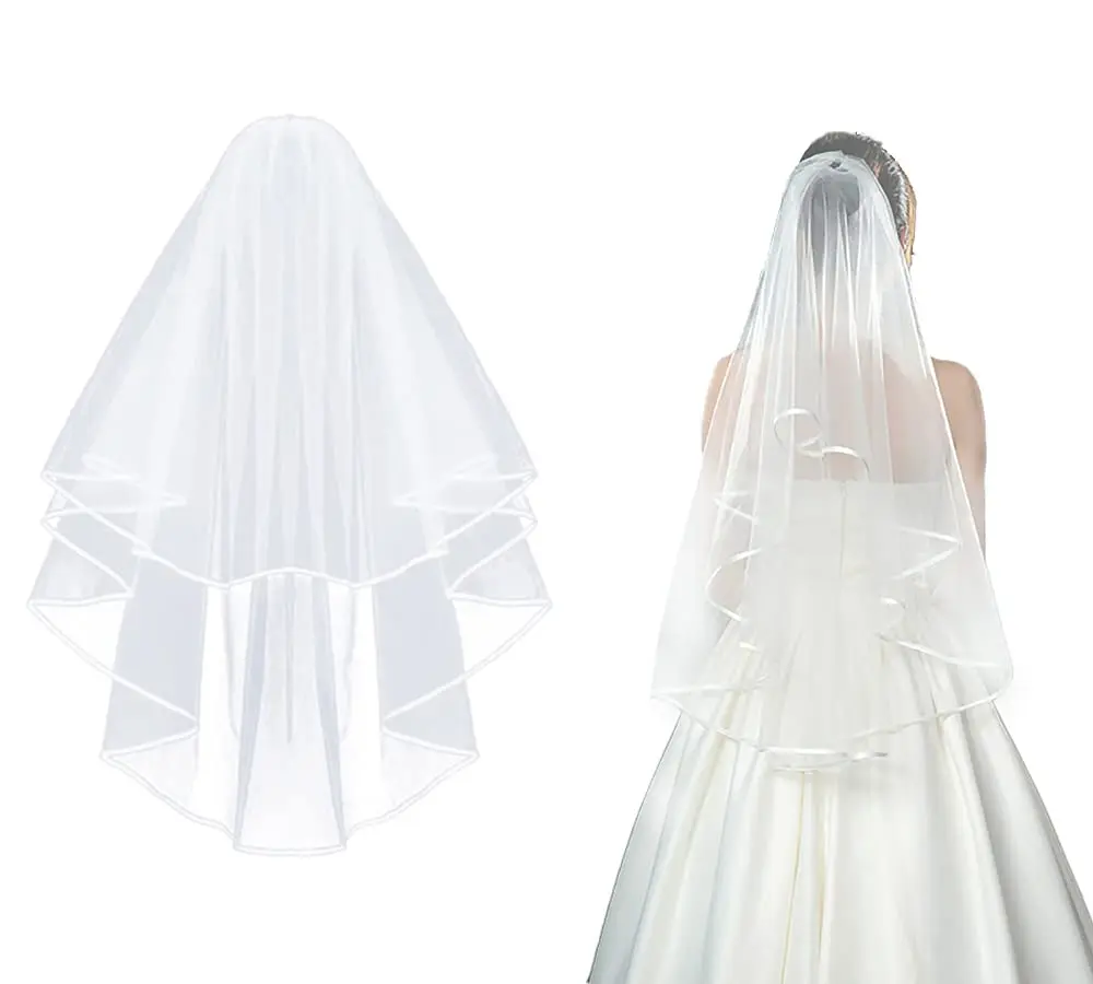

Bridal Veil Wedding Vails Women's Simple White Ivory Tulle Short Veils Ribbon Edge for Brides Shower Bachelorette Hen Party