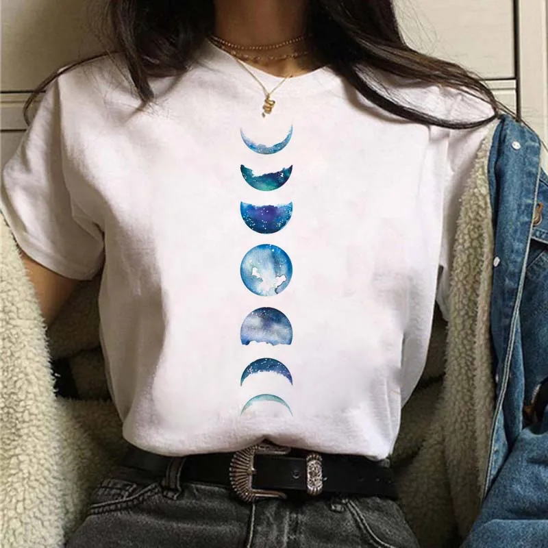 

New Moon Printed T Shirt Women Graphic Black White T-shirt female Tops Harajuku Short Sleeve Kawaii Clothing Female Tshirts