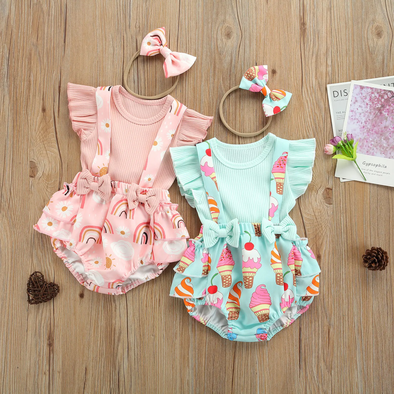 

3Pcs Toddler Summer Outfit, Solid Color Ribbed Ruffle Sleeves Tops + Rainbow Bib Pants + Hair Rope for Baby Girls, 0-18 Months