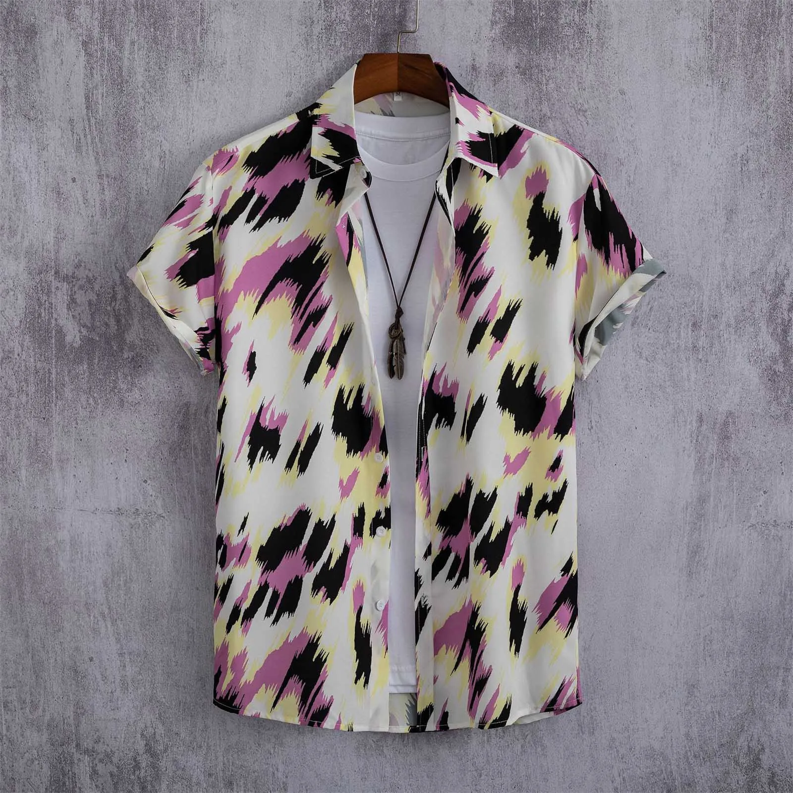 

Casual Men's Loose Lapel Print Color Contrast Short Sleeve Button Leopard Print Shirt Beach European American Style Pullovers
