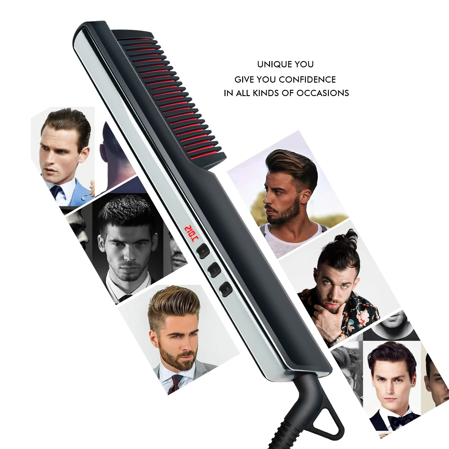 Beard Straightener For Men Styling Comb Ionic Hair Straightener Brush Anti-Scald Hot Comb With 6 Heat Levels Adjust Temp