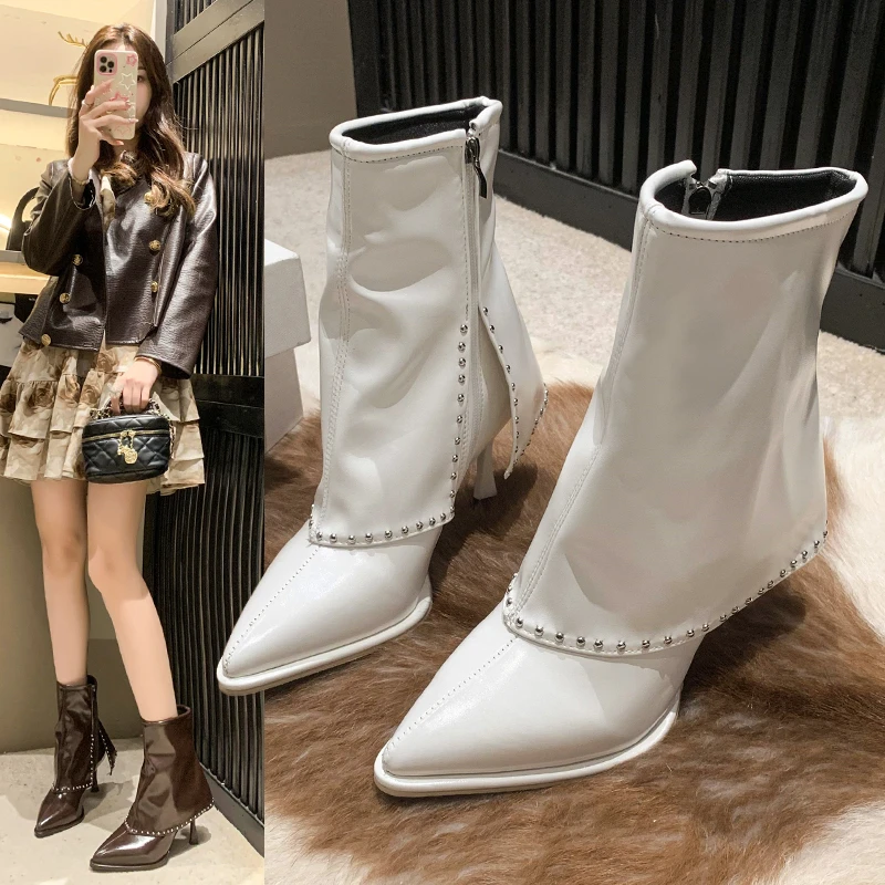

Stacked Boots Winter Pointed Toe Stiletto Rivet Gothic Punk Women's Boots High Heel Boots Short Boots White Boots