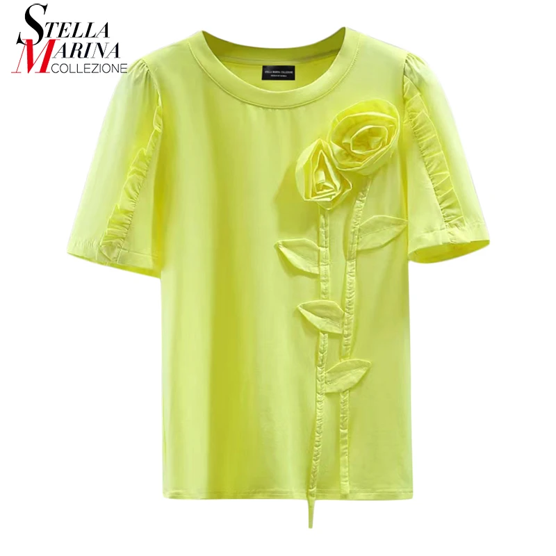 

Новинка 2022, женский в Корейском стиле, летняя футболка с короткими рукавами, однотонная белая, желтая, розовая футболка с аппликацией в виде ...