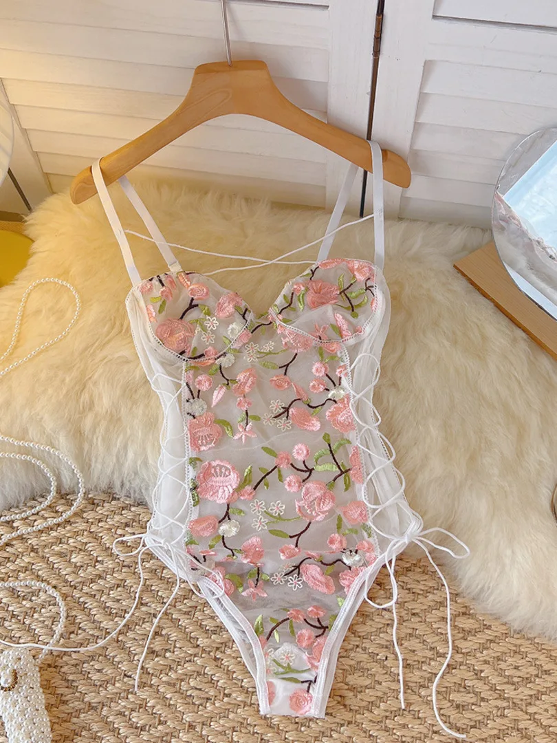 

Women Sexy Floral Embroidery Bodysuits Erotic See Through Mesh Teddy Lingerie Spaghetti Strap Lace-up Bandage One-piece Pajamas