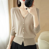 summer new womens knitted loose v neck three quarter sleeve solid color button ice silk jacket delicate elegant and refreshing