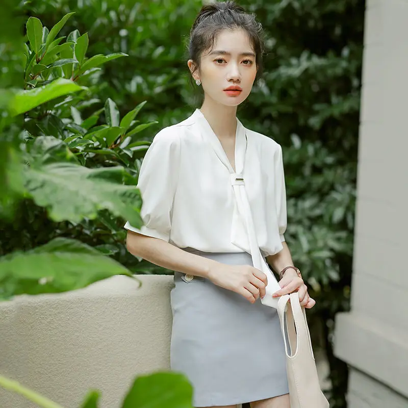 Simplicity Bow Chiffon Blouse Summer New Short Sleeve Solid Color Loose Tops Shirts Korean Fashion Women Clothing