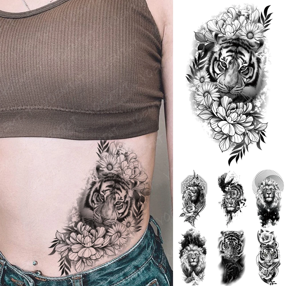 

Waterproof Temporary Tattoo Sticker Tiger Line Peony Rose Flower Daisy Lion Wolf Flash Tatto Women Men Arm Body Art Fake Tattoos