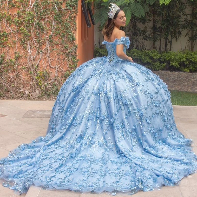 Небесно-голубое блестящее платье Quinceanera с открытыми плечами и блестками