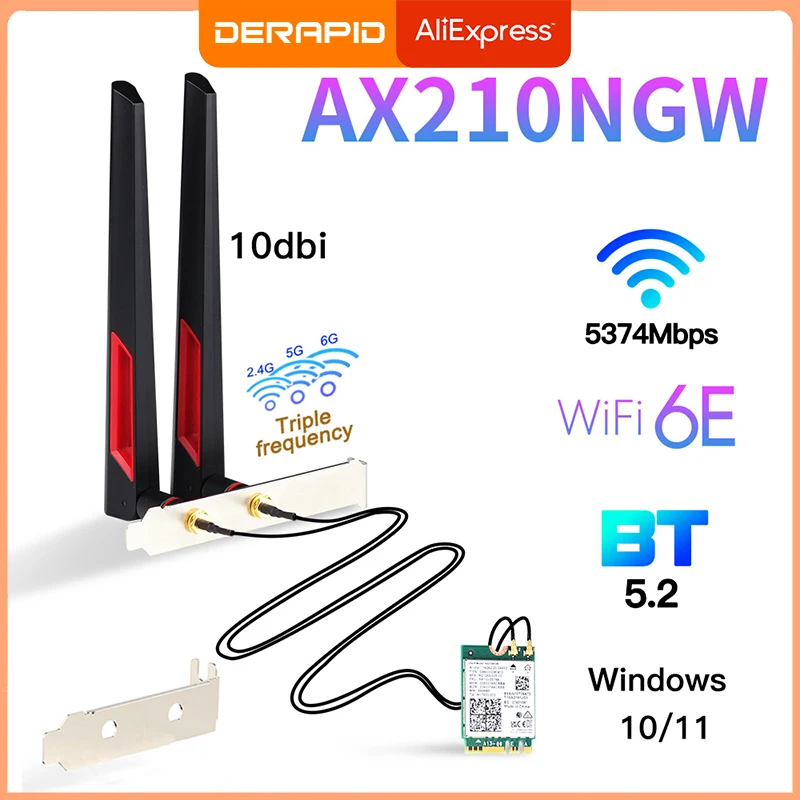 Tarjeta inalámbrica WiFi 6E Intel AX210, 5374Mbps, BT5.2, Kit de escritorio, antena 802.11ax, tribanda 2,4G/5Ghz/6G AX210NGW que Wifi6 AX200