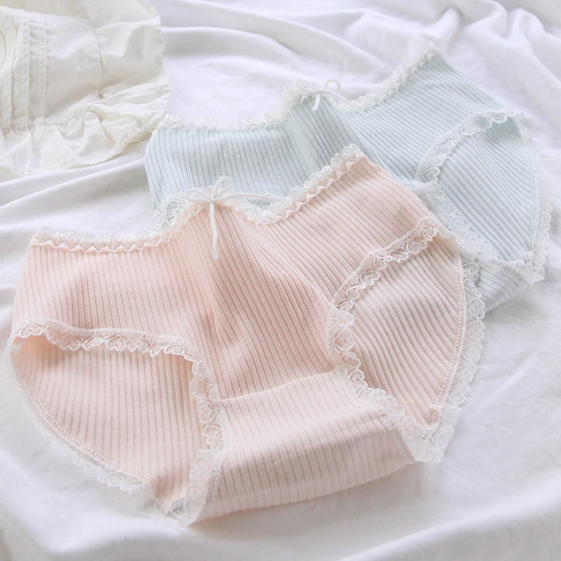 

Women's Minimalistic Cotton Shorts Panties Lace Trim Underpants Solid Color Panty Bow Knot Mid Waist Briefs Kawaii Lady Panty