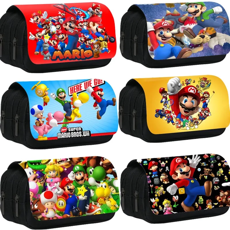 

20CM Super Mario Pencil Case for Students Large Capacity Double Layer Flip Pen Bag School Stationery Ruler Eraser Storage Bag