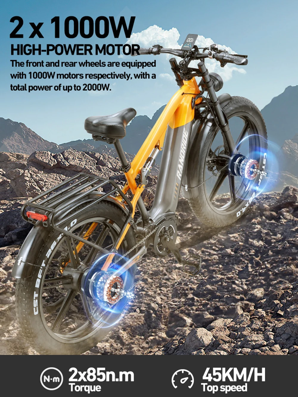 Электровелосипед RANDRIDE YX80MM-2, аккумулятор 48В 20Ач, шины 26x4.0 дюймов, двойная амортизация, горный электровелосипед, со складов в Австралии и России (art.: 3920d35d437cd) - 3920d35d437cd