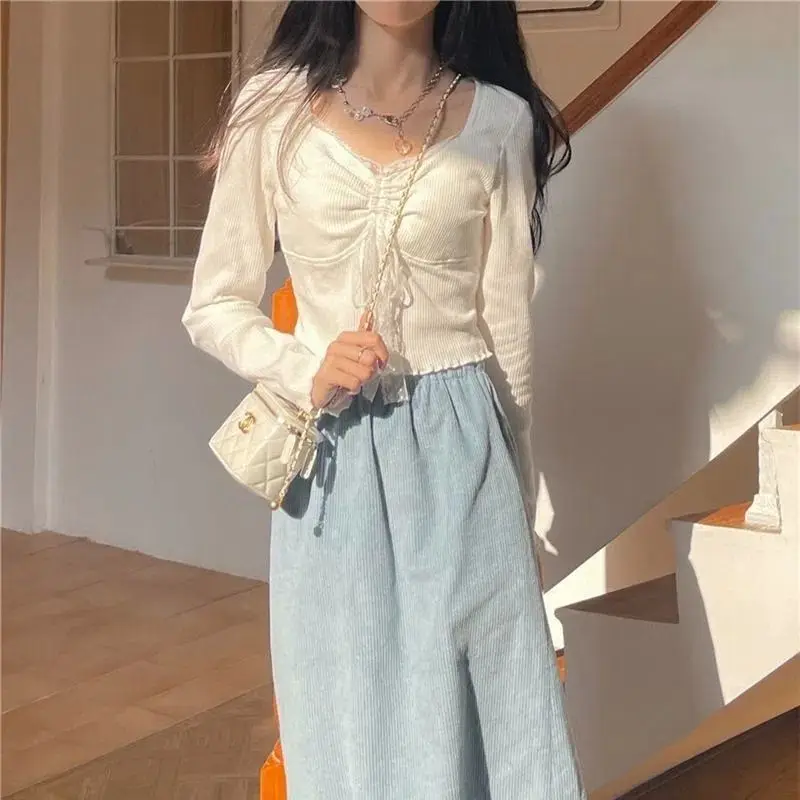 Женская Кружевная футболка с длинным рукавом и квадратным вырезом