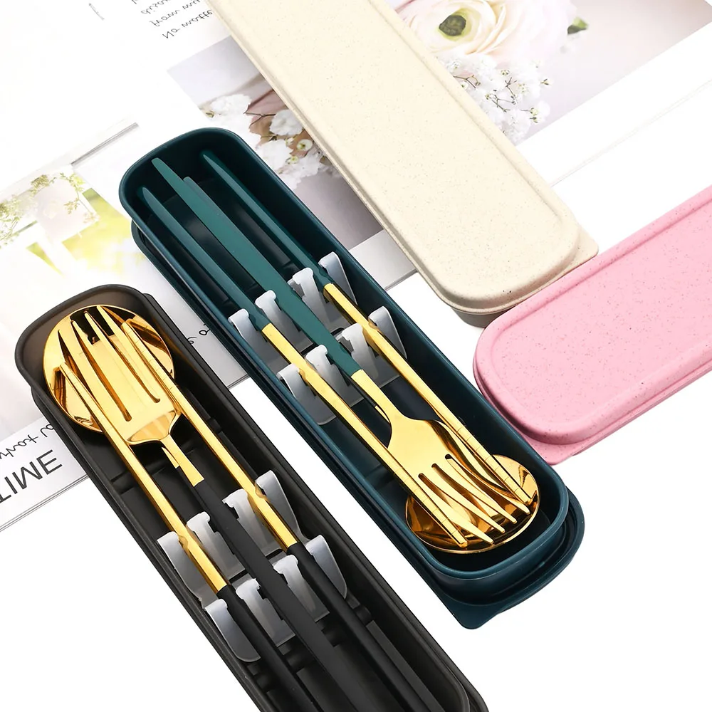 

Drmfiy Dinnerware Set 3Pcs Camping Travel Set Chopsticks Fork Spoon Portable Cutlery Set With Case Kitchen Accessories Flatware